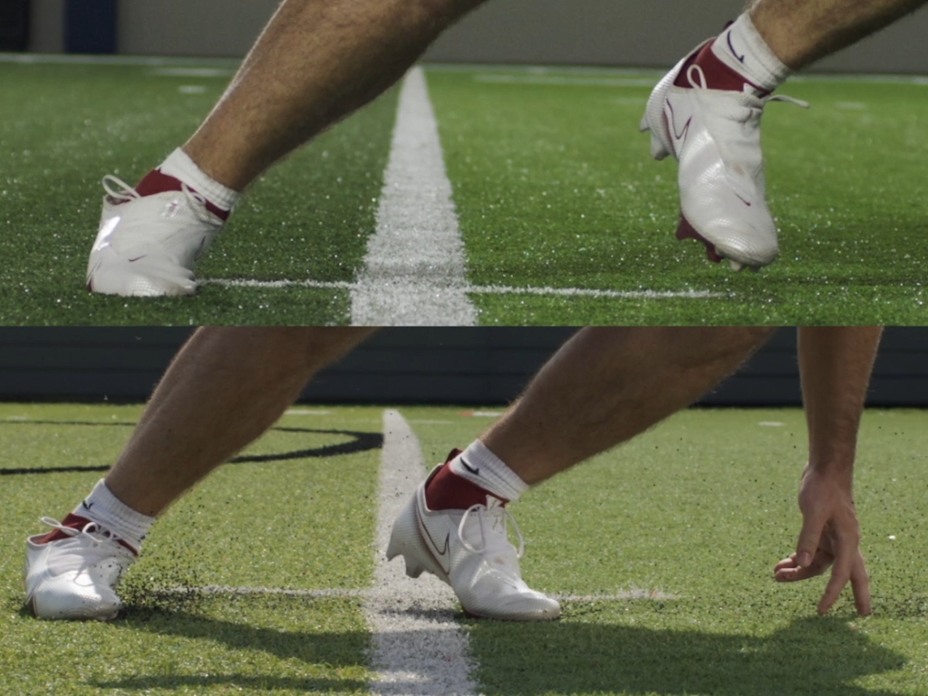 Close-up comparison of an athlete’s footwork on two types of artificial turf surfaces, showing the shoe contacting the ground and infill being displaced.